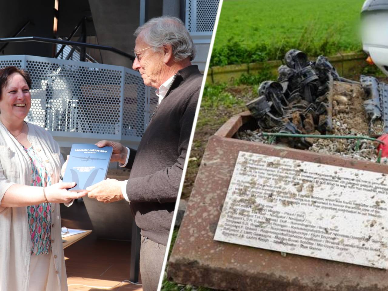 Corine Koek-Maasdam schreef een boek over de Engelse bommenwerper in Werkendam, waarvan het monument dinsdagmiddag beschadigd raakte (foto's: Corine Koek-Maasdam en Erik Haverhals/Persbureau Heitink).