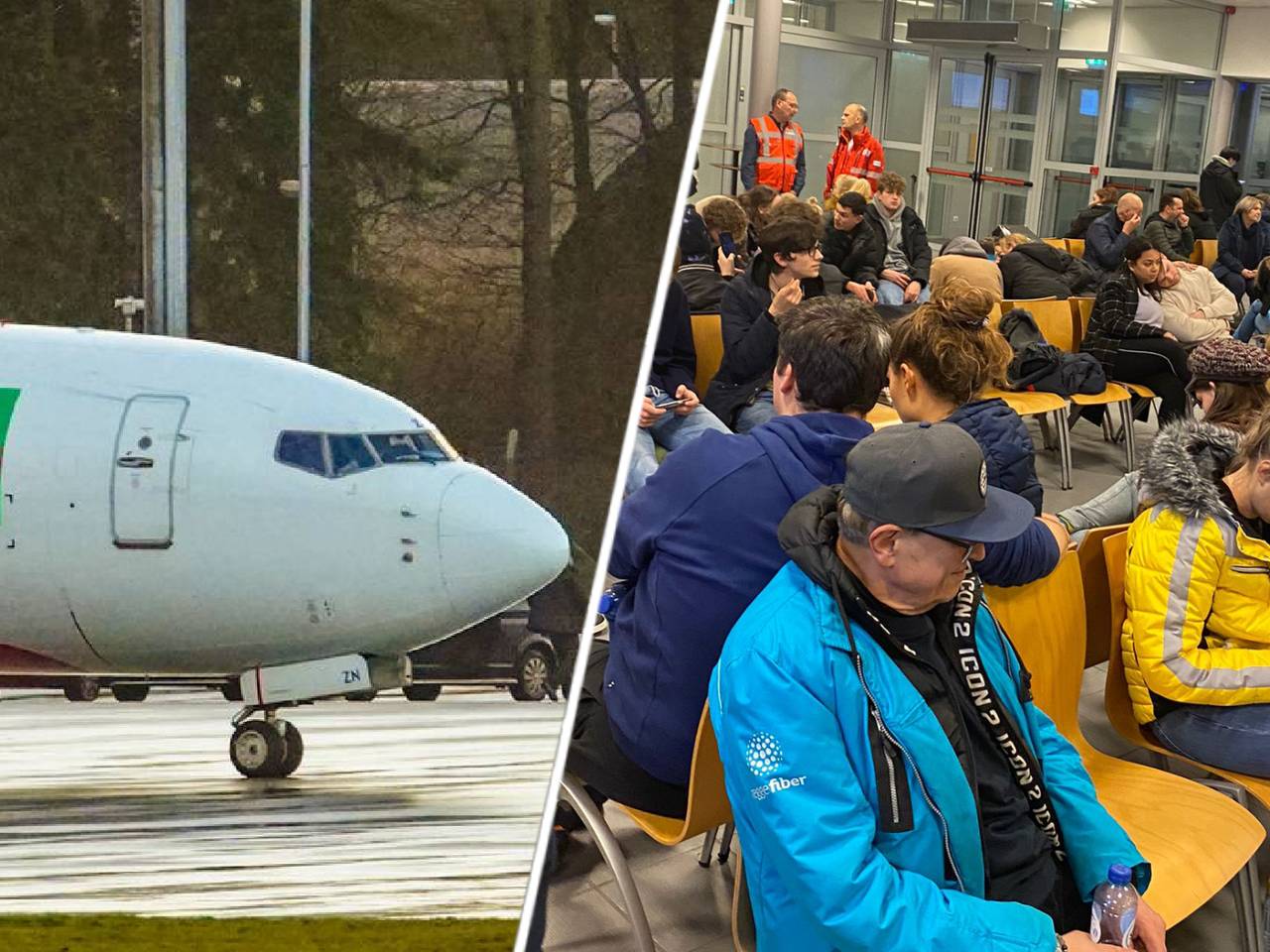 Het vliegtuig en de passagiers in de terminal.