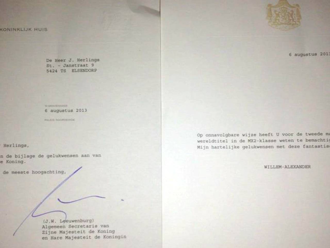 De brief van koning Willem-Alexander (foto: Twitter/JHerlings84)