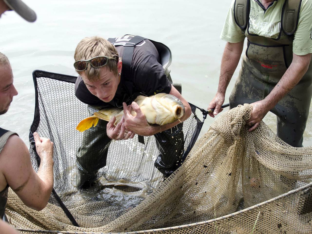 Vrijwilligers proberen vieze vijver leeg te vissen in Tilburg