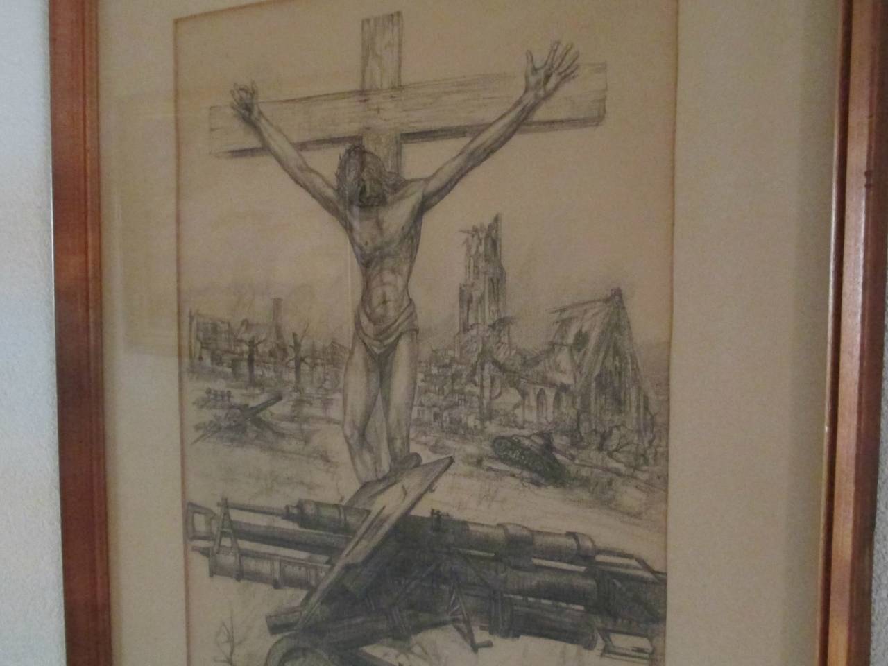 De tekening van Jan Meine Jansen, met op de achtergrond het Brabantse dorp. (Foto: Patricia Bolderheij)