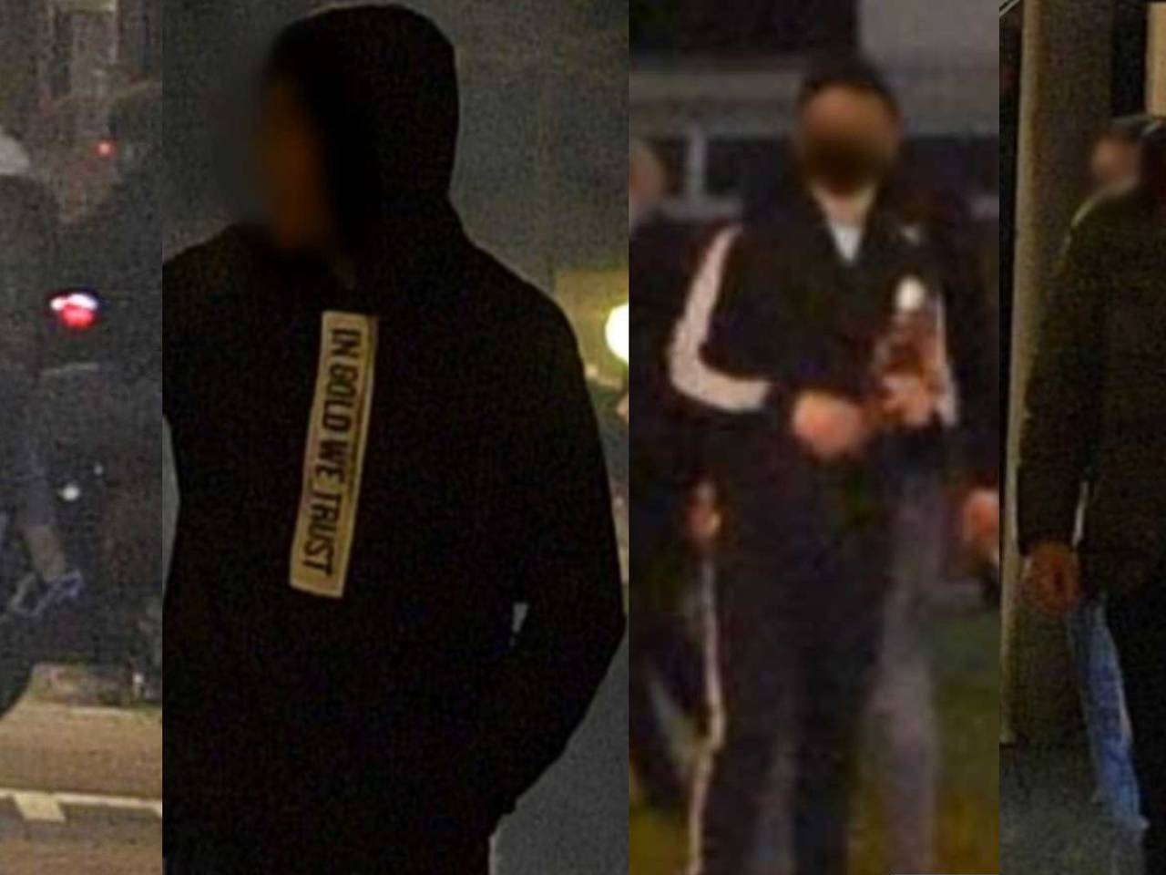 De vier relschoppers, onherkenbaar gemaakt door de politie.