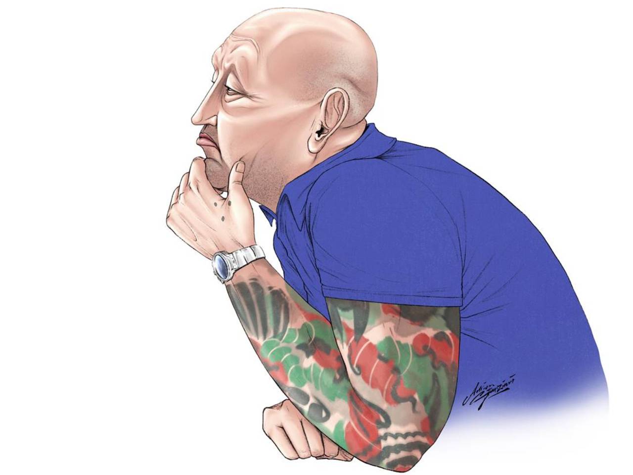 Martien R. tijdens een eerdere zaak in de rechtbank (tekening: Adrien Stanziani).