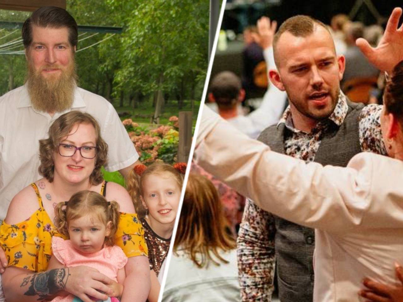 Sebastiaan en Natalie met hun gezin / Tom de Wal tijdens een dienst van Frontrunners Ministries (Foto: Sebastiaan Paap/Facebook Frontrunners Ministries).