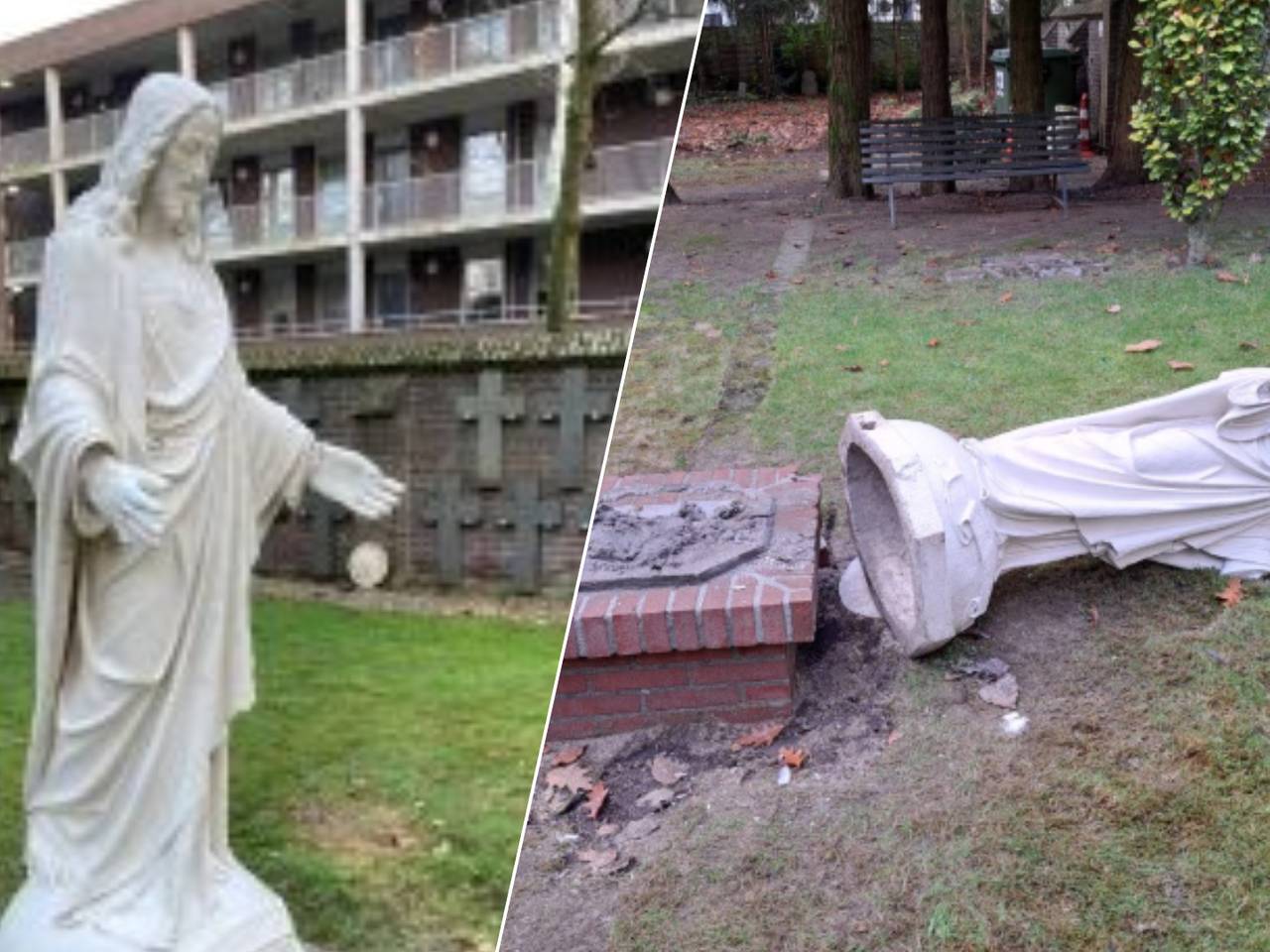 Het omvergehaalde en herstelde beeld (foto: Heemkundekring De Baronie van Cranendonck).