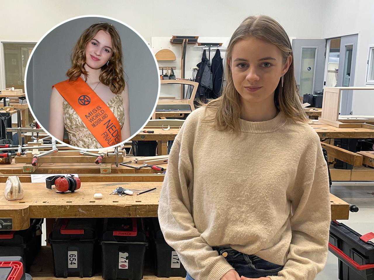 De twee werelden van Eline: rechts als meubelmaker in opleiding, links als kandidaat Miss World (foto: Tom van den Oetelaar, insert: Wim van Wel).