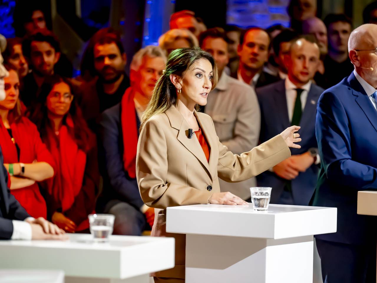 Henri Bontenbal, Dilan Yesilgöz en Frans Timmermans tijdens het Debat van het Zuiden (Foto: ANP).