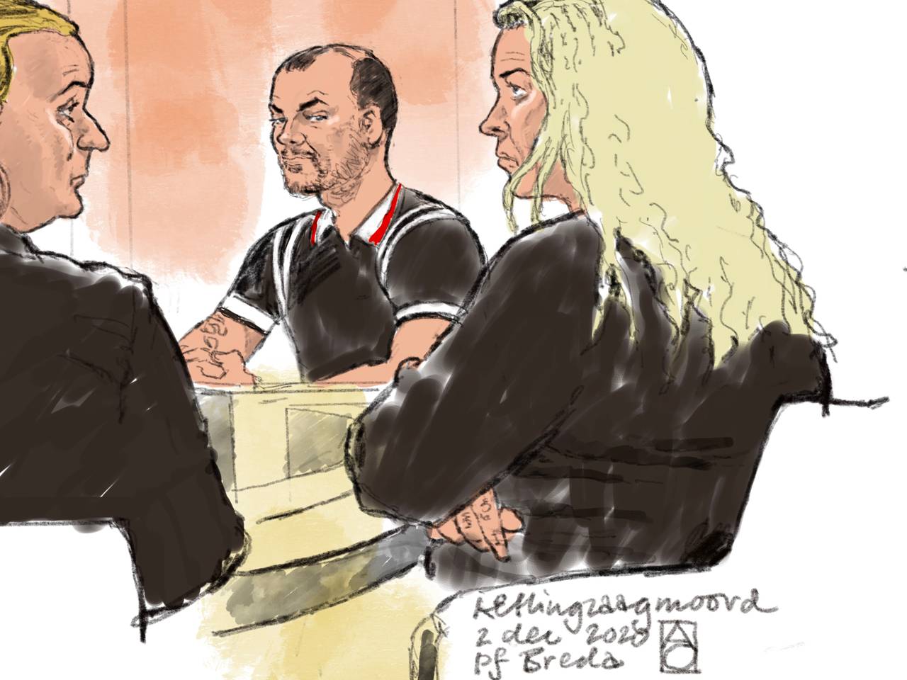 De drie hoofdverdachten, rechts Edna V. (tekening: Aloys Oosterwijk ANP)  