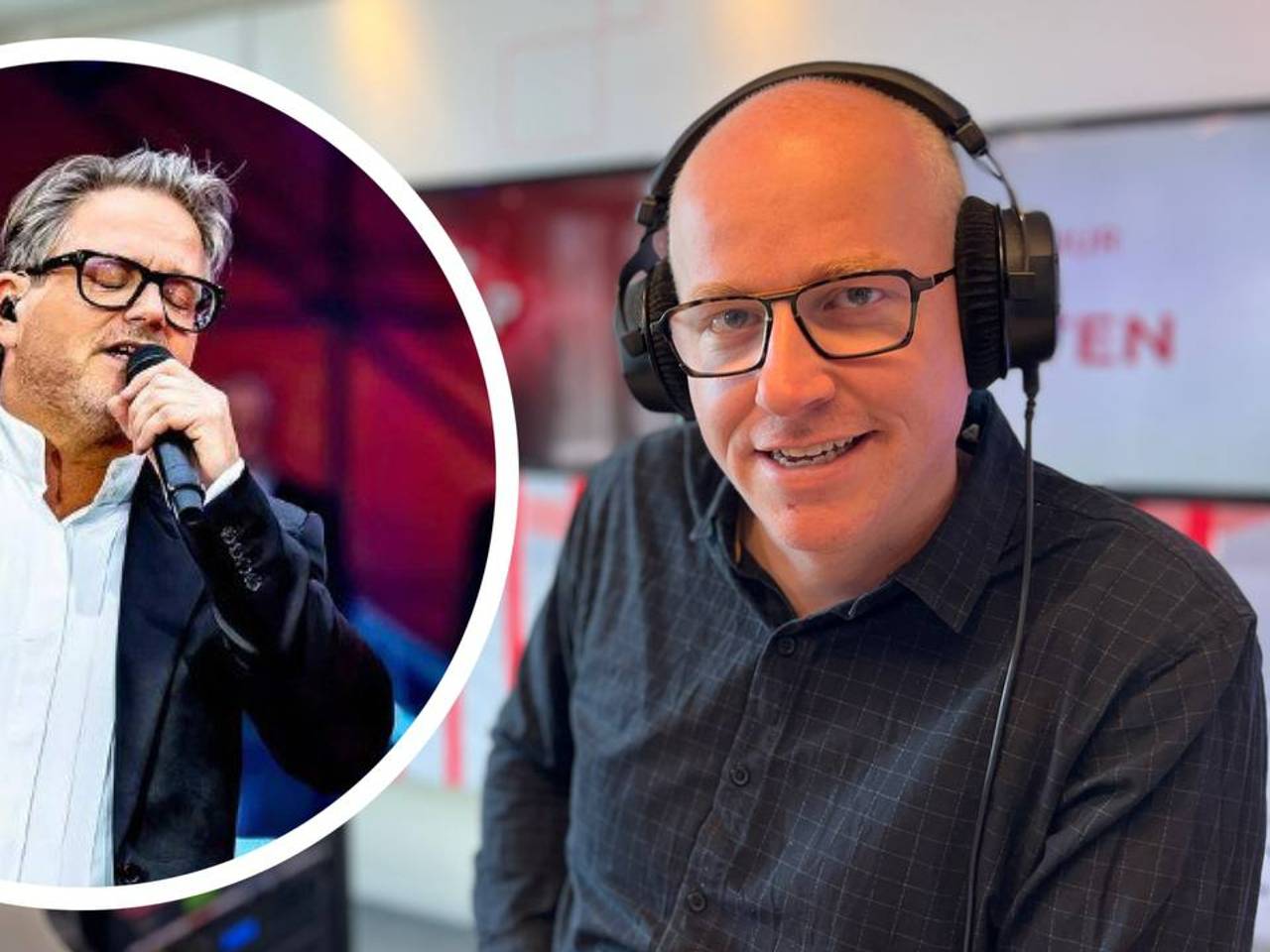 Guus Meeuwis en presentator Maarten Kortlever.