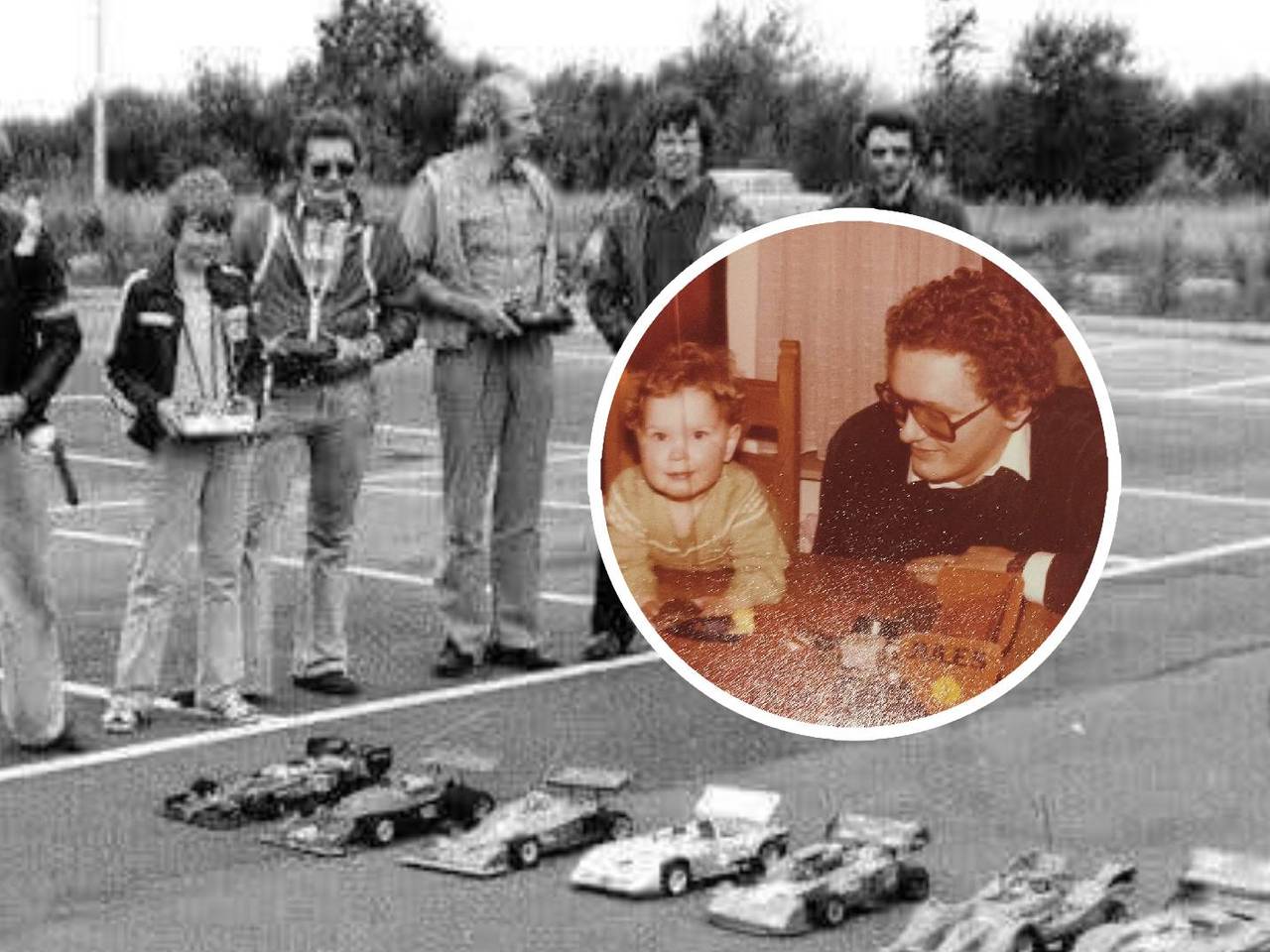 Marieke met haar vader samen op de modelracebaan en in huis (foto: privéarchief).