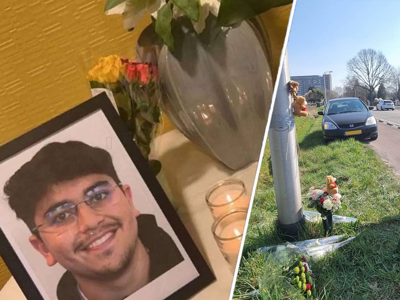 Links de gedenkplek voor Yusef op school en rechts die op de Stokhasseltlaan