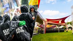 In 2022 viel er extreem veel regen op 7th Sunday (links), dit jaar is het festivalterrein grotendeels overdekt (rechts) (foto: ANP en Dion Albouts).