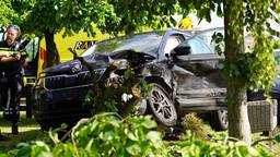 Auto komt tegen boom in tuin tot stilstand bij ongeluk, veel schade