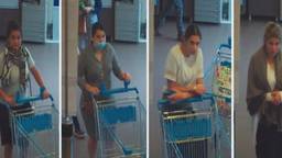 Vier vrouwen stelen twee winkelwagens vol boodschappen bij zelfscankassa