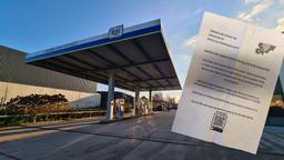 Het tankstation in Ravels en de flyer die in Tilburg werd bezorgd (foto: Noël van Hooft).