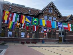 De vlaggen op het schoolplein van RSG 't Rijks, met rechtsachter de progressvlag.