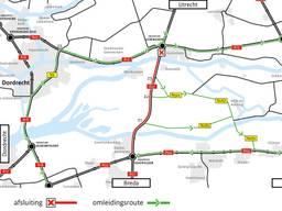 Het verkeer richting Breda wordt dit weekend vanaf knooppunt Gorinchem omgeleid via de A15, A2 en de A59 of via de A15, N3 en de A16 (afbeelding: Rijkswaterstaat).