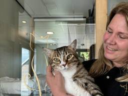 Lucienne Pieterse met een van haar gasten in het poezenhotel in Giessen