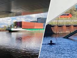 Duikers zoeken de kraan van het gestrande schip in de Zuid-Willemsvaart bij Veghel (foto's: Rijkswaterstaat).