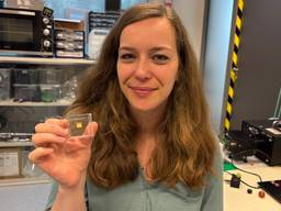 Kaylee Hakkel laat de fotonische superchip zien (Foto: Imke van de Laar)