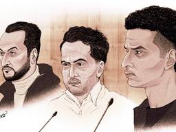 Adil A. (links), Moshtag B. (midden) en rechts Ilyas B. (rechtbanktekening: Adrien Sanziani).