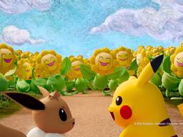 Pokémon Eevee en Pikachu komen allemaal Sunflora's tegen in Van Gogh's schillderij (beeld: Pokémon/Nintendo).