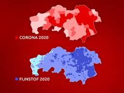 Een kaart met het aantal coronapatiënten in 2020 (foto boven) en een kaart met de hoeveelheid fijnstof in 2020 (foto onder). Hoe donkerder de kleur, hoe hoger het aantal is. 