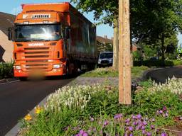 Al deze bloemen en chicanes in Sint Hubert leveren hopelijk minder vrachtwagens op. (foto: Jos Verkuijle)