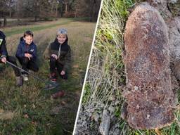 Links: Vince (11), Vince (9) en Abel (10), rechts: de mortiergranaat die ze gevonden hebben (foto: Devie van der Heijder). 