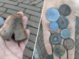 Granaatscherf (links) en oude munten (rechts)(foto: Devie van der Heijden). 