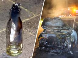 Links: een van de flessen die gegooid is, rechts: de auto die uitgebrand is (foto's: Bart Meesters / SQ Vision).