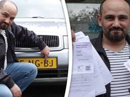 De 42-jarige Abdullah uit Rotterdam-Bloemhof bij zijn auto en met zijn parkeerboetes (foto: Rijnmond).