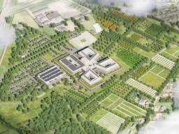 Een schets van het nieuwe ziekenhuis en het park uit de plannen van 2024.