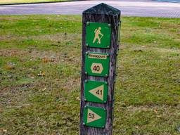 Een paal met pijltjes met verschillende wandelroutes in Tilburg (foto: Gijs Franken/Omroep Tilburg).