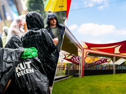 In 2022 viel er extreem veel regen op 7th Sunday (links), dit jaar is het festivalterrein grotendeels overdekt (rechts) (foto: ANP en Dion Albouts).