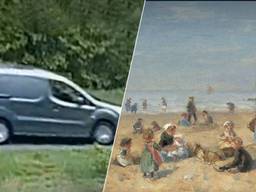 Het grijze busje en een van de gestolen schilderijen (foto's: Opsporing Verzocht).