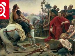 Vercingetorix gooit zijn wapens voor de voeten van Julius Caesar (schilder: Lionel Noel Royer, 1899)