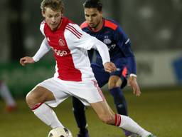 Ajacied Frenkie de Jong in duel met PSV'er Adam Maher. (Foto: VI Images)