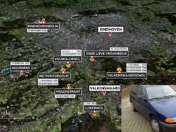 De plaatsen waar de verkrachter toesloeg, en een auto die op een van de plekken werd aangetroffen.