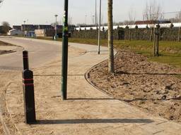 Twee lantaarnpalen midden op een nieuw trottoir in Almkerk (foto Sija op 't Hof  Twitter)