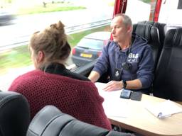 Agenten controleren voorbijrazend verkeer op appen achter het stuur. (Foto: Paul Post)