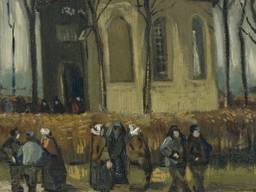 Een detail van het Van Gogh-schilderij 'Het Uitgaan van de Hervormde Kerk van Nuenen' dat nu in Amsterdam weer is te zien. (Van Goghmuseum Amsterdam, Vincent van Goghstichting)