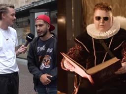Bram (l) tijdens een interview op straat, recht een voorlezende Yordi (foto: Bram in de Buurt / YouTube)