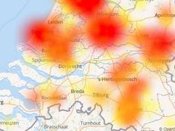 Een overzichtskaartje van KPN welke regio's zijn getroffen door de storing