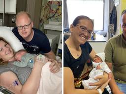 Eveline en Ferdie met hun baby Sven (links) en Shannon en Kevin met hun baby Xavi (rechts).