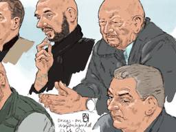 Toon R., Anton R., Martien R., onder: Bart H. en Arnold M. tijdens de behandeling van het hoger beroep (tekening: Aloys Oosterwijk/ANP). 
