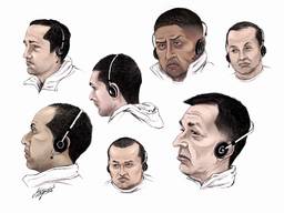 Zeven van de tien verdachten van het Colombiaans cokelab Steenbergen (tekening: Adrien Stanziani) 