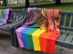 De regenboogbank in park Valkenberg in Breda is weer besmeurd. (Foto: Perry Roovers/SQ Vision)