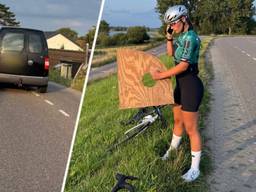 De auto van waaruit het hout werd gegooid (l) en Puck Moonen met het stuk hout (r). Foto's: Puck Moonen / Instagram