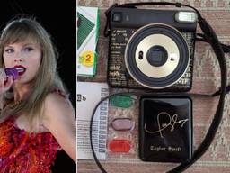 Taylor Swift en rechts de polaroidcamera met haar handtekening (fotomontage: Omroep Brabant).